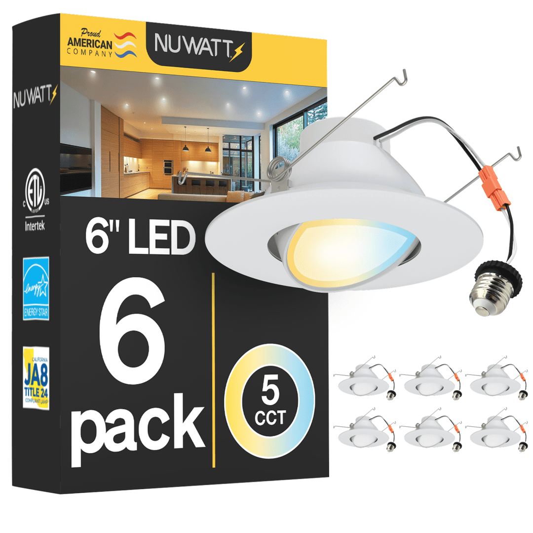 6 Inch LED Gimbal Recessed Lighting for Sloped Ceilings - 5CCT 2700-5000K - 1200LM - CRI 90 Adjustable Can Lights - 16W - Wet Rated - Aluminum Housing