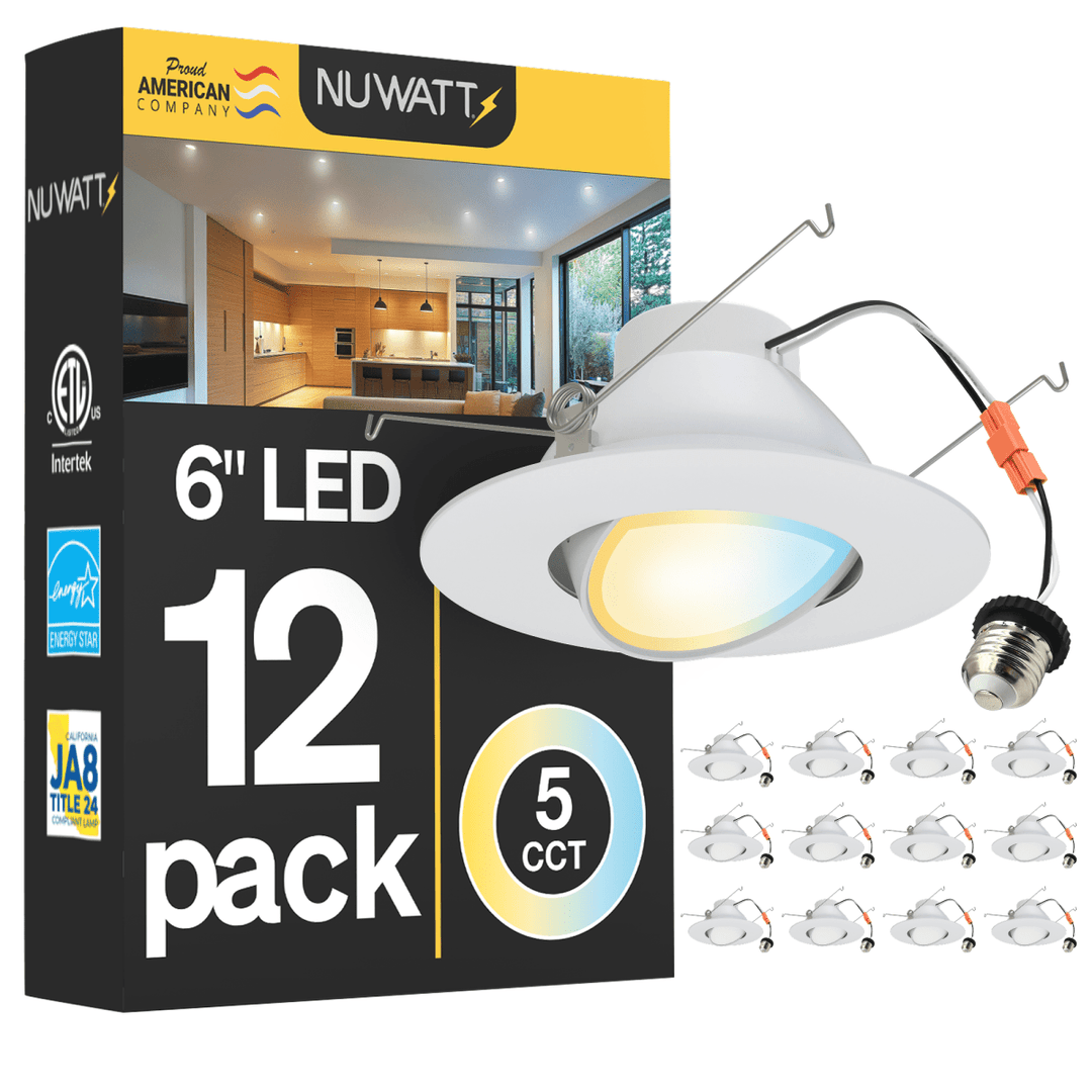 6 Inch LED Gimbal Recessed Lighting for Sloped Ceilings - 5CCT 2700-5000K - 1200LM - CRI 90 Adjustable Can Lights - 16W - Wet Rated - Aluminum Housing