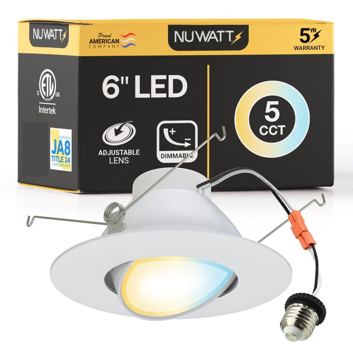 6 Inch LED Gimbal Recessed Lighting for Sloped Ceilings - 5CCT 2700-5000K - 1200LM - CRI 90 Adjustable Can Lights - 16W - Wet Rated - Aluminum Housing