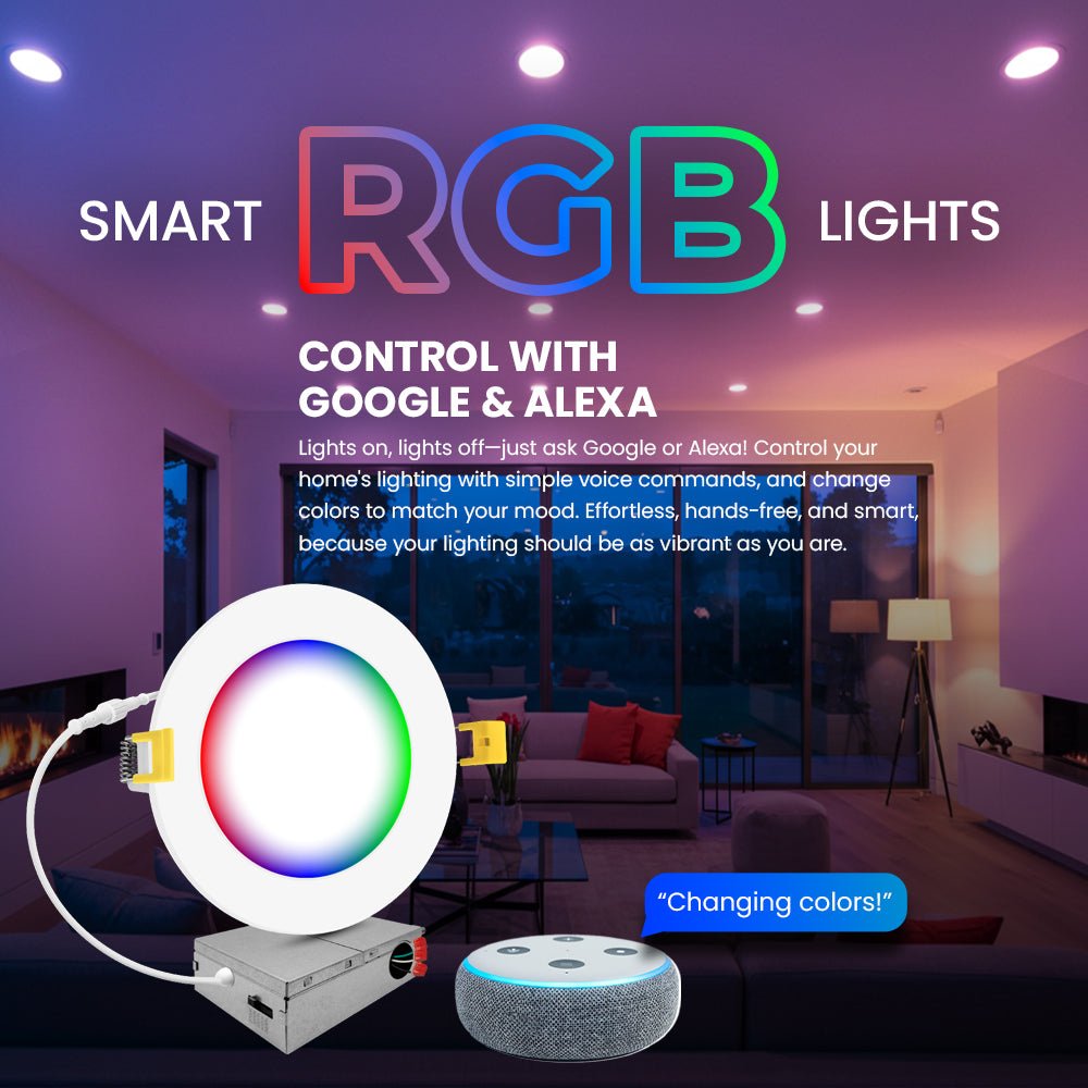 6" Inch Smart Downlights RGB Color Changing Recessed Lights Canless LED - Wet Rated - 1000LM