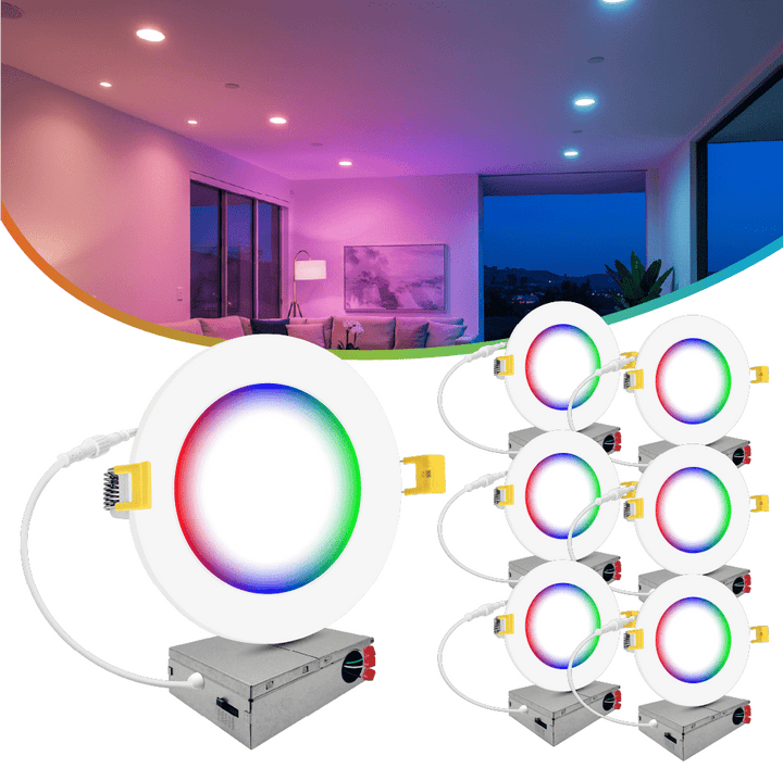 6" Inch Smart Downlights RGB Color Changing Recessed Lights Canless LED - Wet Rated - 1000LM
