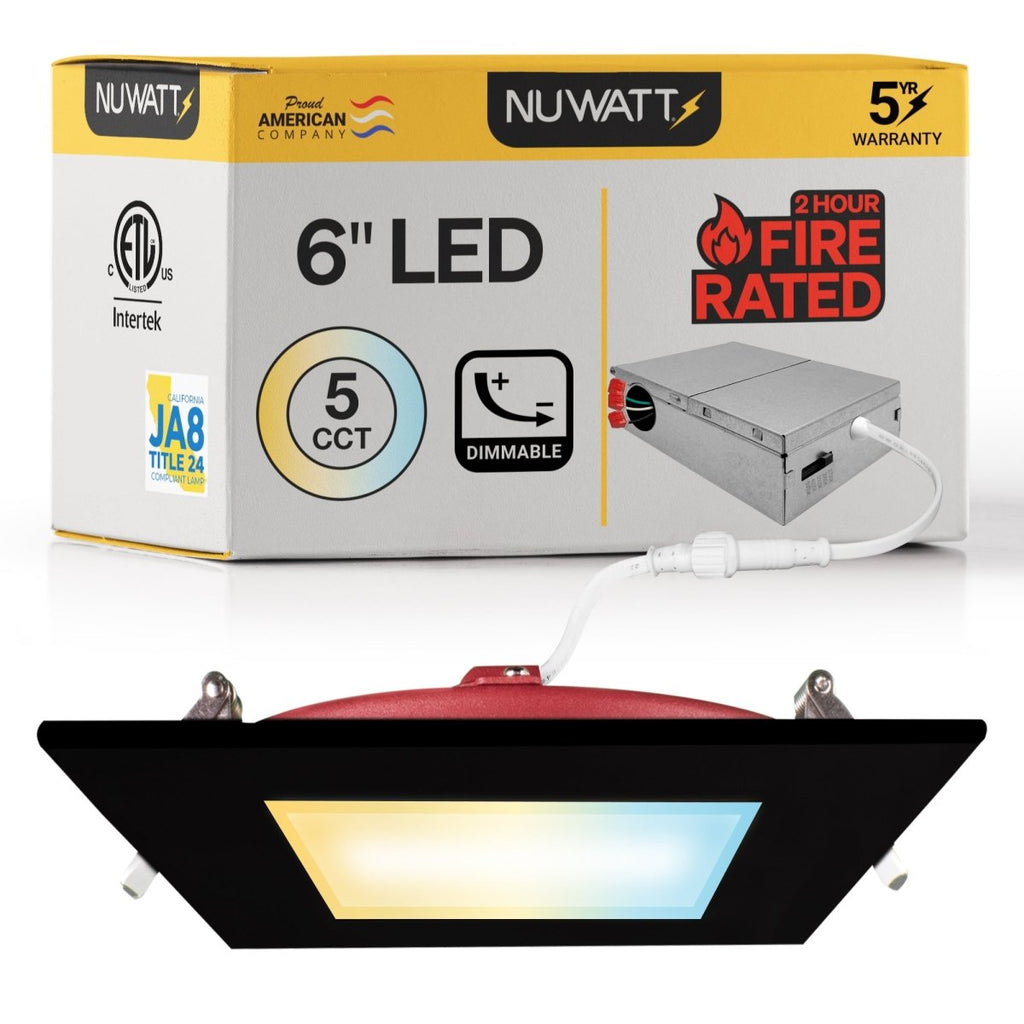 6" Inch Square Black 2 Hour Fire Rated Recessed Light Slim Canless LED Wafer Lights - Wet Rated - 5CCT 2700K-5000K - 1200LM