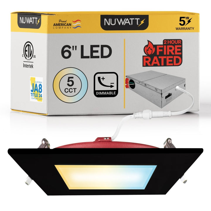 6" Inch Square Black 2 Hour Fire Rated Recessed Light Slim Canless LED Wafer Lights - Wet Rated - 5CCT 2700K-5000K - 1200LM