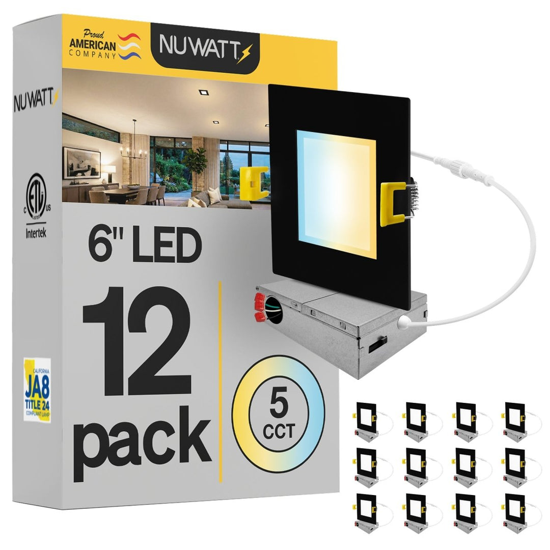 6" Inch Square Black Canless Recessed Lighting Slim LED Wafer Lights - Wet Rated - 5CCT 2700K-5000K - 1050LM