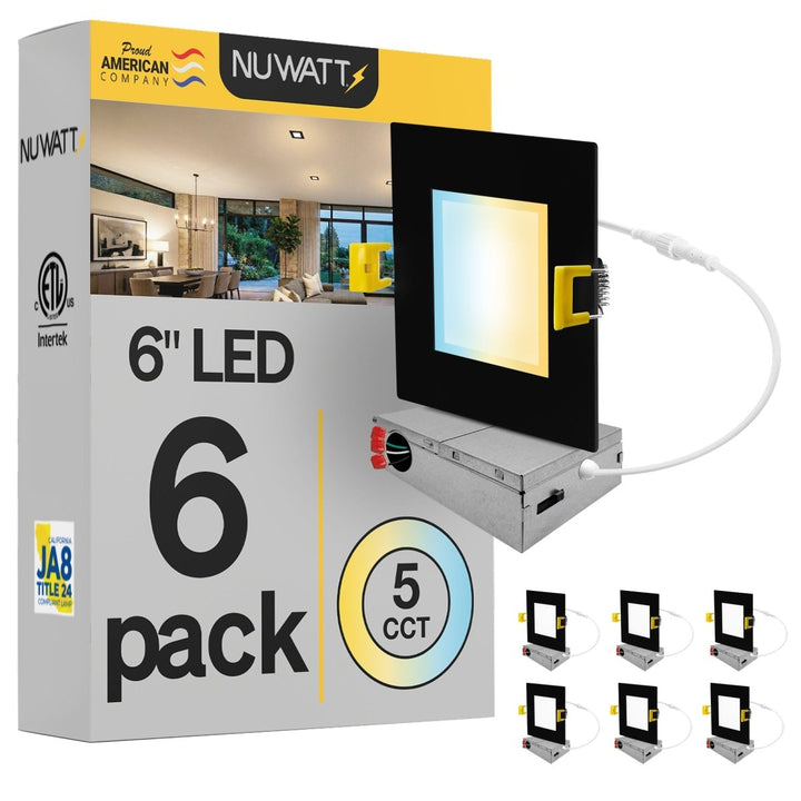 6" Inch Square Black Canless Recessed Lighting Slim LED Wafer Lights - Wet Rated - 5CCT 2700K-5000K - 1050LM