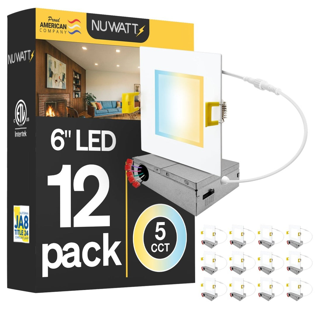 6" Inch Square Canless Recessed Lighting Slim LED Wafer Lights - 120-277V - Wet Rated - 0-10V Dimmable - 5CCT 2700K-5000K - 1050LM | Nuwatt Lighting