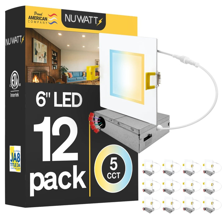 6" Inch Square Canless Recessed Lighting Slim LED Wafer Lights - 120-277V - Wet Rated - 0-10V Dimmable - 5CCT 2700K-5000K - 1050LM | Nuwatt Lighting