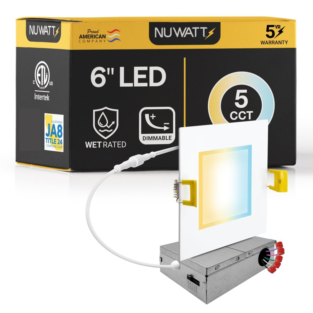 6" Inch Square Canless Recessed Lighting Slim LED Wafer Lights - 120-277V - Wet Rated - 0-10V Dimmable - 5CCT 2700K-5000K - 1050LM | Nuwatt Lighting