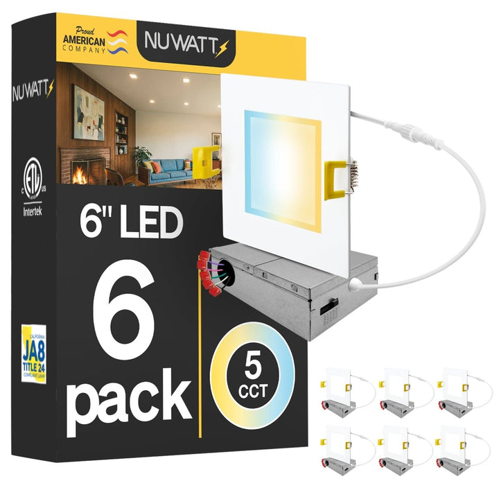 6" Inch Square Canless Recessed Lighting Slim LED Wafer Lights - 120-277V - Wet Rated - 0-10V Dimmable - 5CCT 2700K-5000K - 1050LM | Nuwatt Lighting