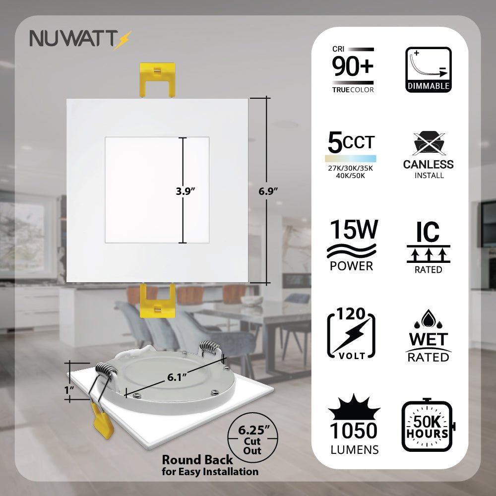6" Inch Square Canless Recessed Lighting Slim LED Wafer Lights - Wet Rated - Dimmable - 5CCT 2700K-5000K - 1050LM