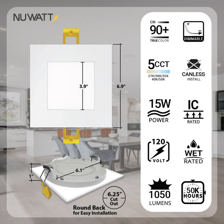 6" Inch Square Canless Recessed Lighting Slim LED Wafer Lights - Wet Rated - Dimmable - 5CCT 2700K-5000K - 1050LM