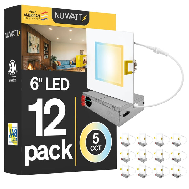 6" Inch Square Canless Recessed Lighting Slim LED Wafer Lights - Wet Rated - Dimmable - 5CCT 2700K-5000K - 1050LM