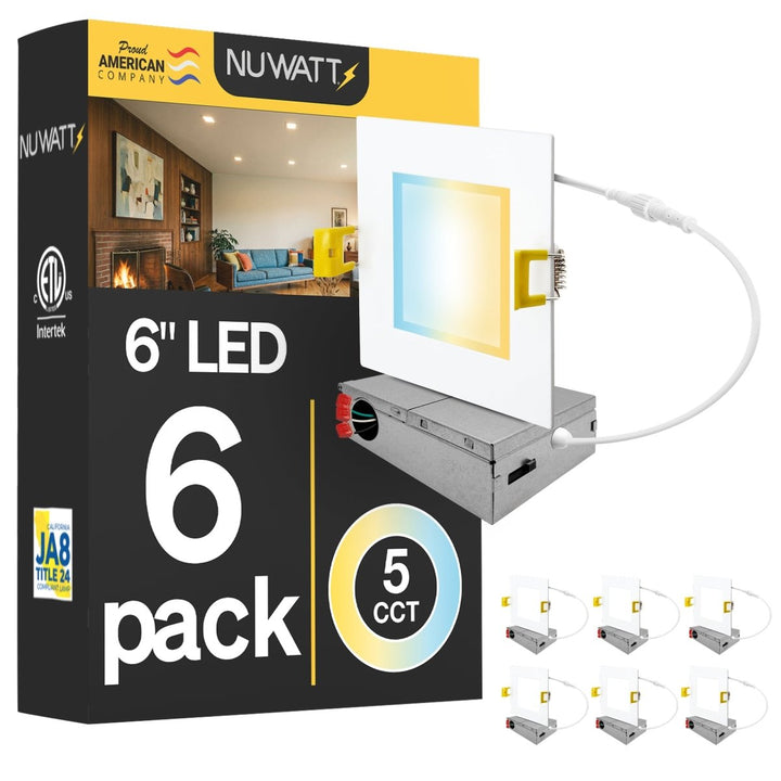 6" Inch Square Canless Recessed Lighting Slim LED Wafer Lights - Wet Rated - Dimmable - 5CCT 2700K-5000K - 1050LM