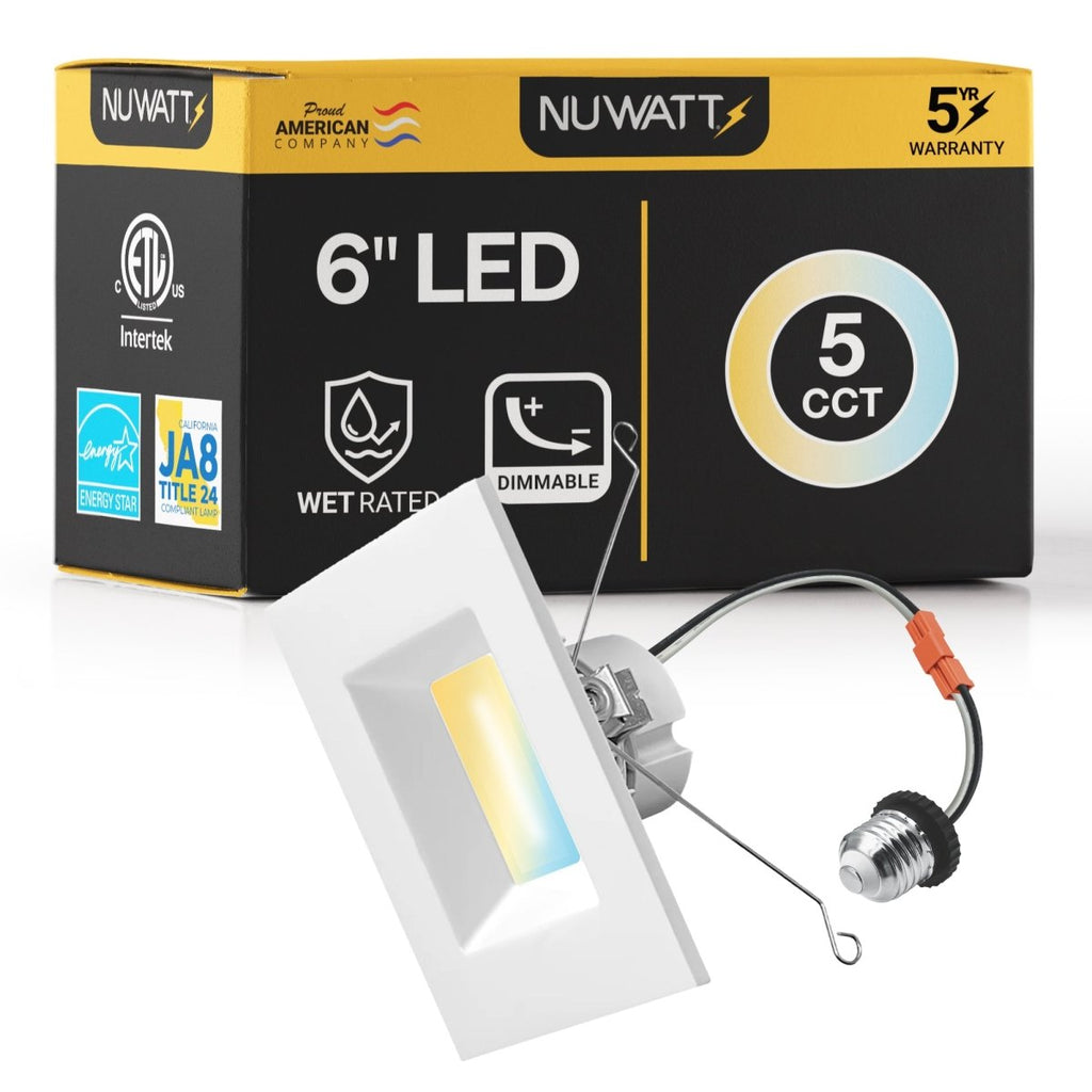 6" Inch Square Recessed Lighting Retrofit Can Lights - Wet Rated - 5CCT 2700K-5000K - 1100LM