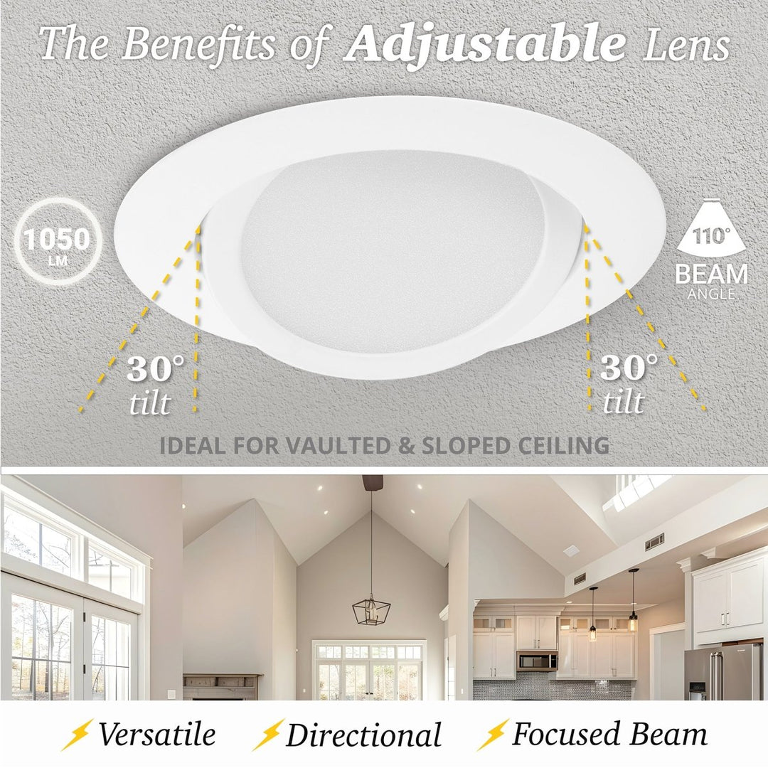 6" Inch Gimbal Recessed Light for Sloped Ceiling Canless LED Lighting - Damp Rated - 5CCT 2700K-5000K - 1050LM