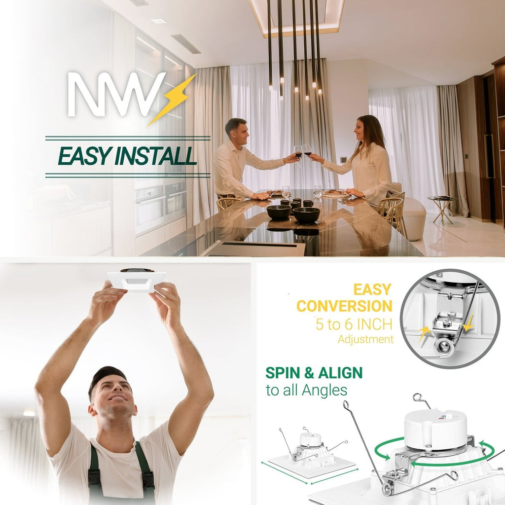 6" Inch Square Recessed Lighting Retrofit Can Lights - Wet Rated - 5CCT 2700K-5000K - 1100LM