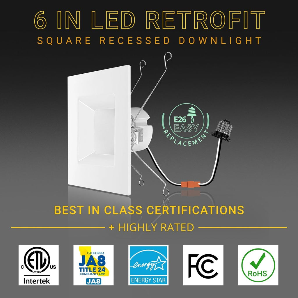 6" Inch Square Recessed Lighting Retrofit Can Lights - Wet Rated - 5CCT 2700K-5000K - 1100LM