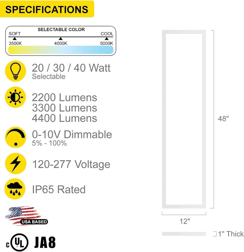 1x4 led drop ceiling lights specifications. 20 / 30 /40 Watt, 220LM, 3300LM, 4400LM, 0-10V Dimmable, 120-277 Voltage, IP65 Rated. USA Based LED Panel Ceiling Light 48" x 12", 1" Thick Frame.