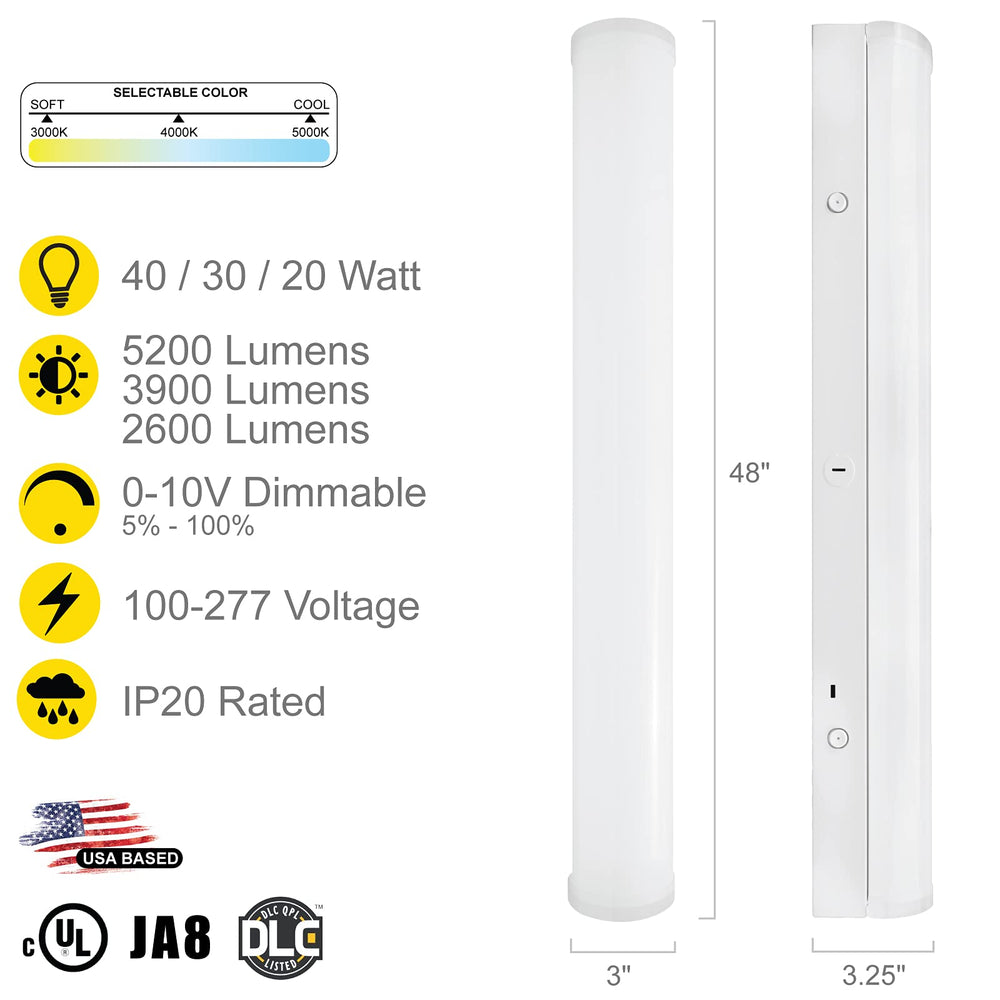 NUWATT 4 FT LED Linear Shop Light - Bi-Level Motion Sensor Installed - Wattage Selectable 40W/30W/20W - 5200 Lumens - 120-277V - 3 CCT 3000K, 4000K, 5000K (4 Pack) | | Nuwatt Lighting
