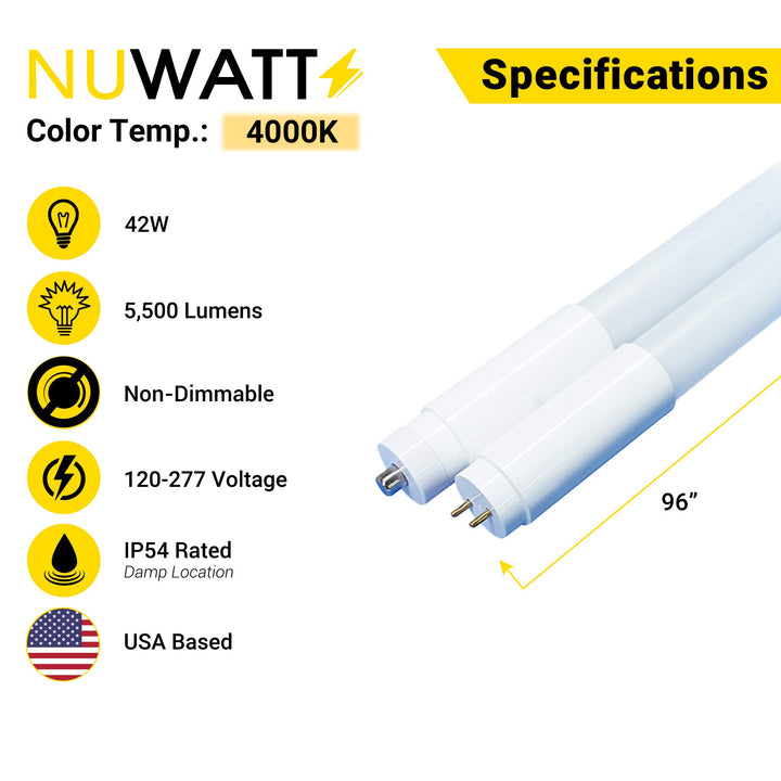 LED 8 Foot T8 Tube Frosted Lens - 4000K - Type A&B Tube Light - Ballast Bypass & Works With Ballast - 42 Watts - 5500 Lumens - 120V-277V - Dual Ended Power - Dual Pin OR Single Pin (15 Pack)