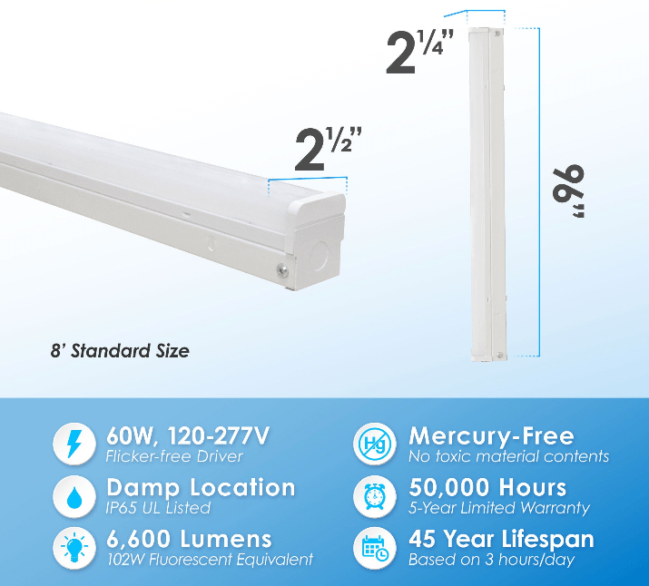 8 Foot LED Shop Lights Linear LED Wraparound Light - 4CCT 3000K-5000K - 7,800LM - 4 Pack