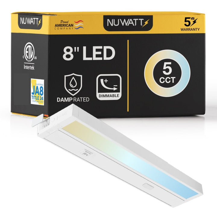 8 Inch White Kitchen Under Cabinet Light Bar - 2700K - 5000K CCT - Hardwire or Plug In - Linkable - 90CRI - 180LM - Dimmable Under Counter Lighting