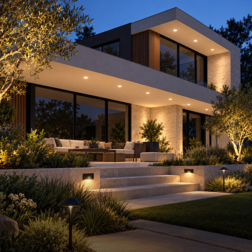 Home exterior with outdoor and landscape lighting