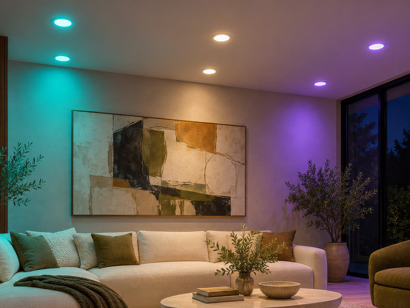 Living room with color changing recessed lights
