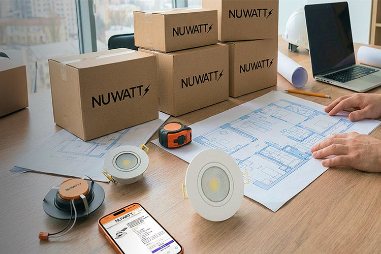 NuWatt boxes and recessed lights on a project plan