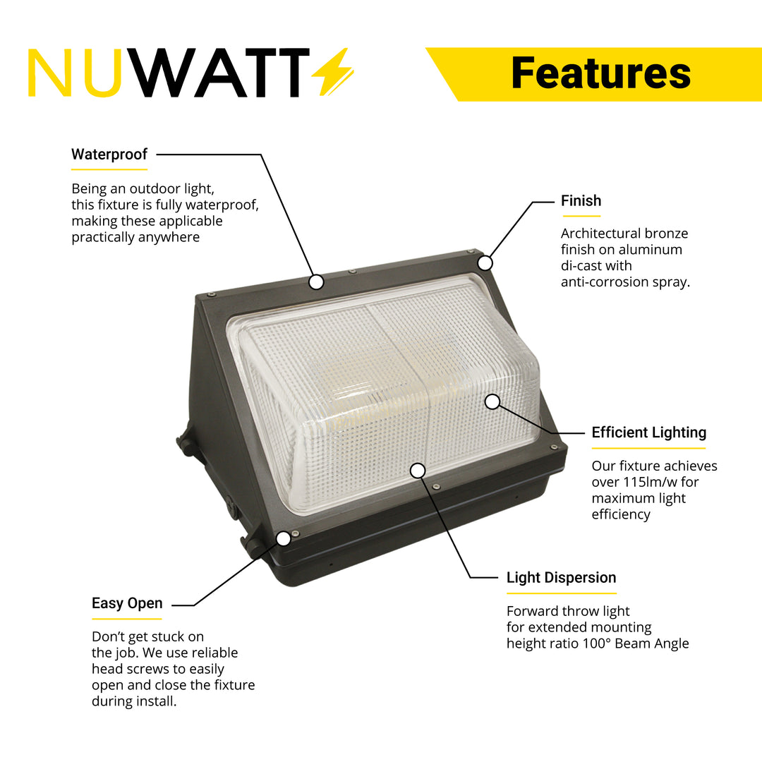 NuWatt 60W LED Wall Pack - Daylight 5000K - HID Replacement - Weatherproof - Dimmable Wall Pack - 120-277V - Bright Consistent Commerical Outdoor Security Lighting - Built In Dusk to Dawn Photocell - ETL & DLC Listed - (4 Pack) | | Nuwatt Lighting