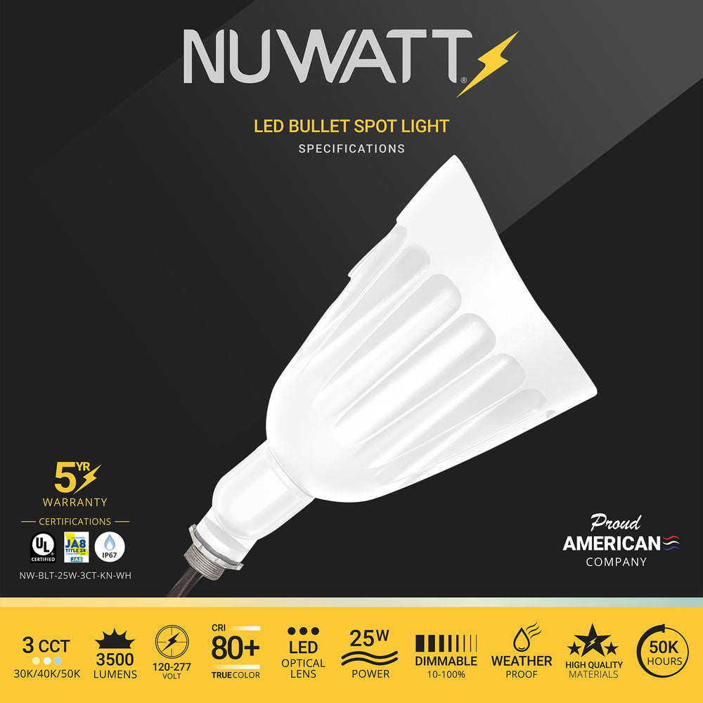 NUWATT White LED Bullet Spotlight Flood Light, 25W, 3CCT Selectable, 1/2" Inch Knuckle Mount, High Brightness 3500 Lumens, 120-277V Commercial Outdoor Weatherproof Landscape LED, Dimmable, UL-Listed | | Nuwatt Lighting