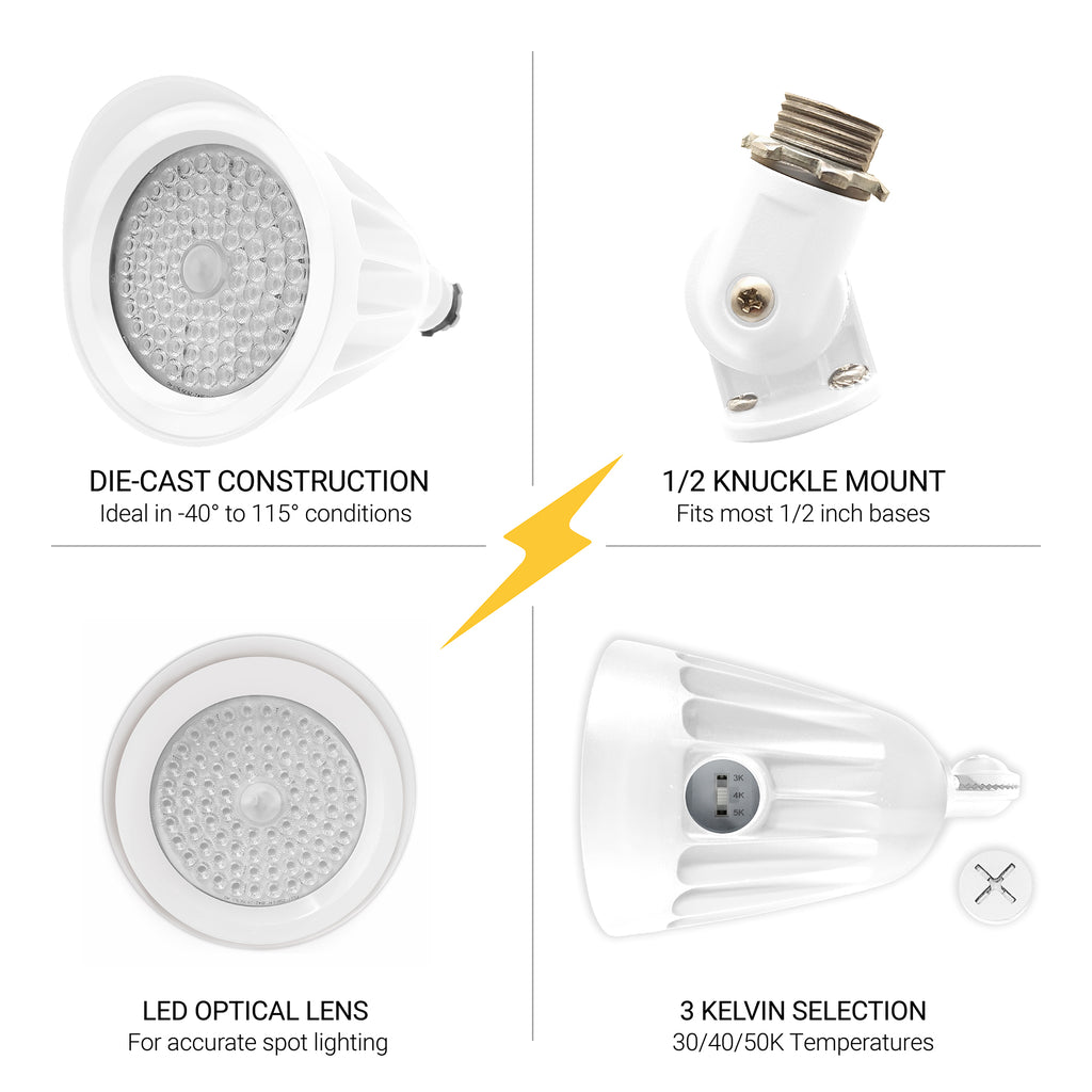 NUWATT White LED Bullet Spotlight Flood Light, 25W, 3CCT Selectable, 1/2" Inch Knuckle Mount, High Brightness 3500 Lumens, 120-277V Commercial Outdoor Weatherproof Landscape LED, Dimmable, UL-Listed | | Nuwatt Lighting