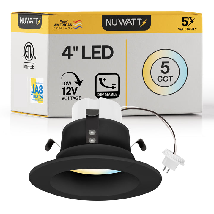 4" Inch Black MR16 LED Retrofit 12V Recessed Downlights - Wet Rated - 5CCT 2700K-5000K - 660LM - GU5.3 Base