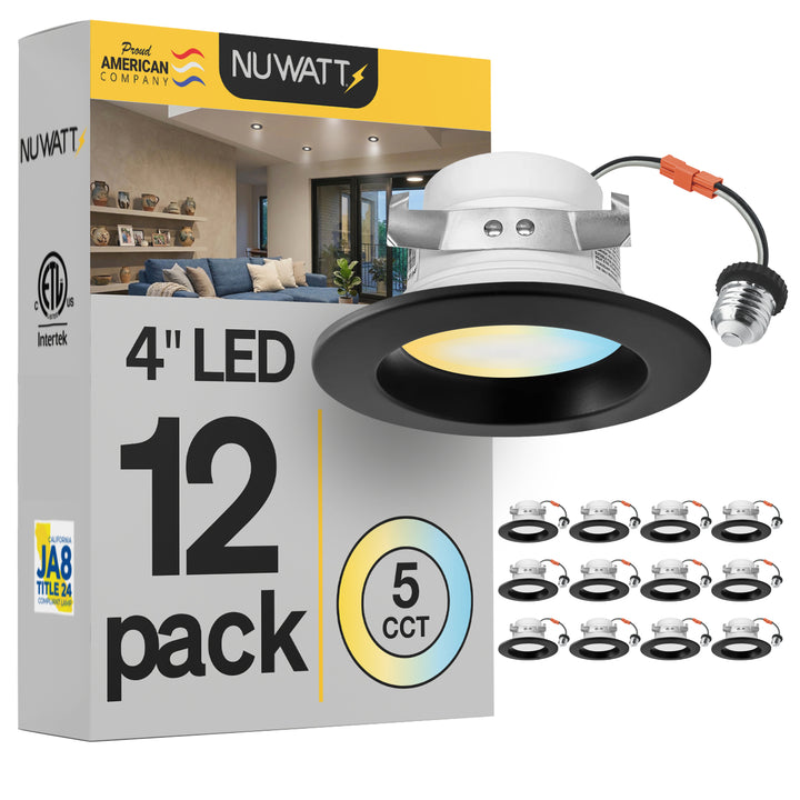4" Inch Black Retrofit LED Recessed Can Lights - Wet Rated - 5CCT 2700K-5000K - 680LM