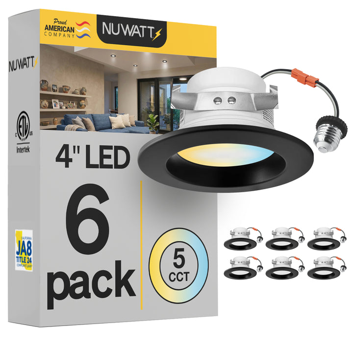 4" Inch Black Retrofit LED Recessed Can Lights - Wet Rated - 5CCT 2700K-5000K - 680LM