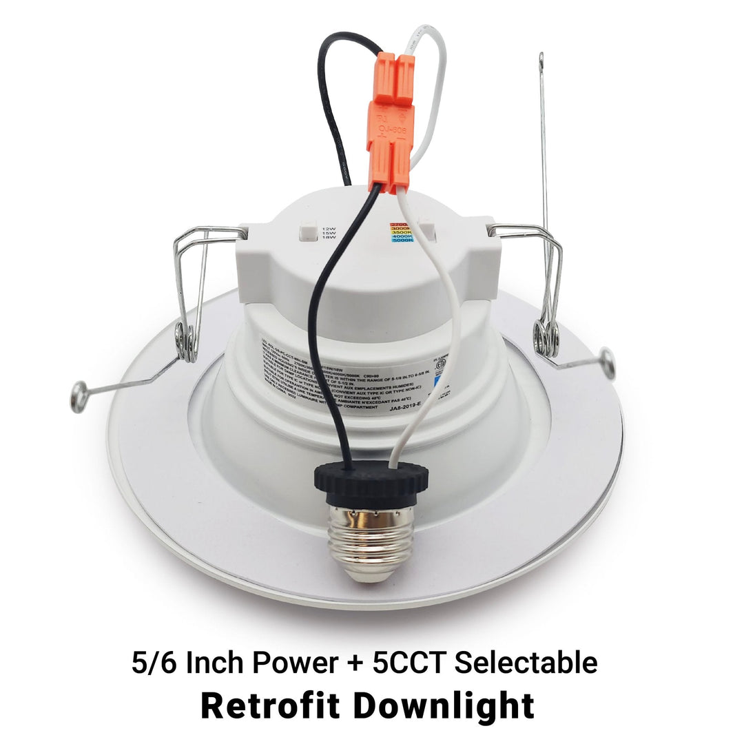 NuWatt 6 Inch Round Retrofit Recessed Light - E26 Quick Connect - 3 Wattage Selectable: 12W/15W/18W (900/1100/1300LM) - 5CCT: 2700K-5000K Color Selectable - Dimmable - CRI>90 - UL /Energy Star/ JA8 Certified | Retrofit LED Ceiling Light | Nuwatt Lighting