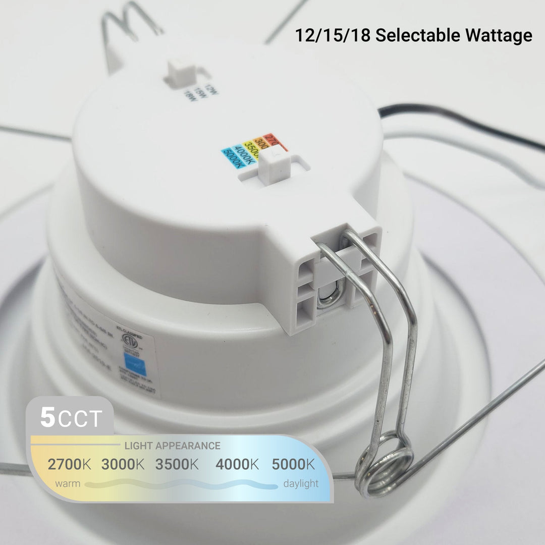 NuWatt 6 Inch Round Retrofit Recessed Light - E26 Quick Connect - 3 Wattage Selectable: 12W/15W/18W (900/1100/1300LM) - 5CCT: 2700K-5000K Color Selectable - Dimmable - CRI>90 - UL /Energy Star/ JA8 Certified | Retrofit LED Ceiling Light | Nuwatt Lighting