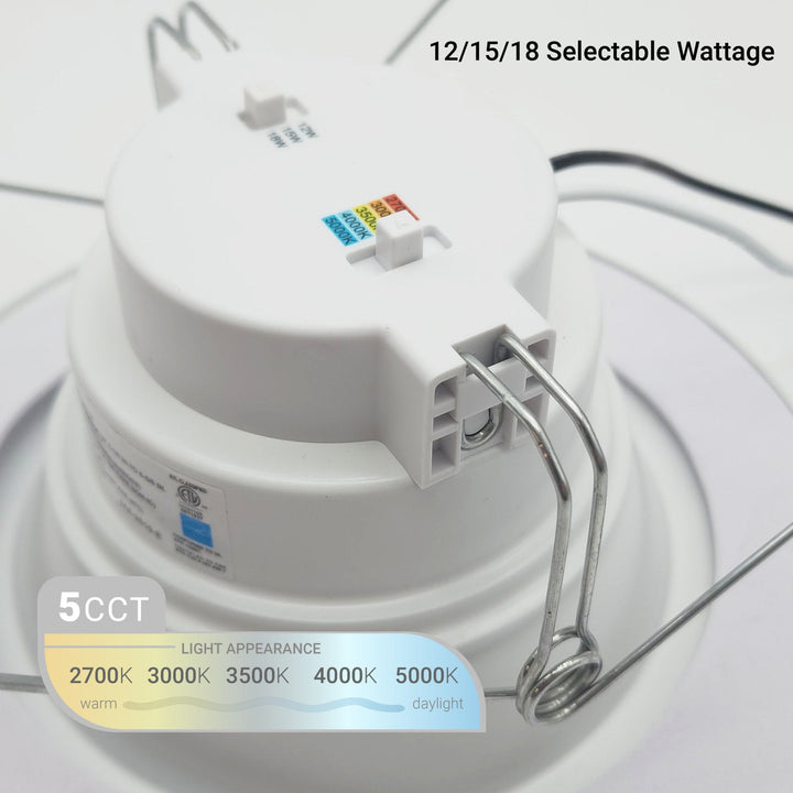 NuWatt 6 Inch Round Retrofit Recessed Light - E26 Quick Connect - 3 Wattage Selectable: 12W/15W/18W (900/1100/1300LM) - 5CCT: 2700K-5000K Color Selectable - Dimmable - CRI>90 - UL /Energy Star/ JA8 Certified | Retrofit LED Ceiling Light | Nuwatt Lighting