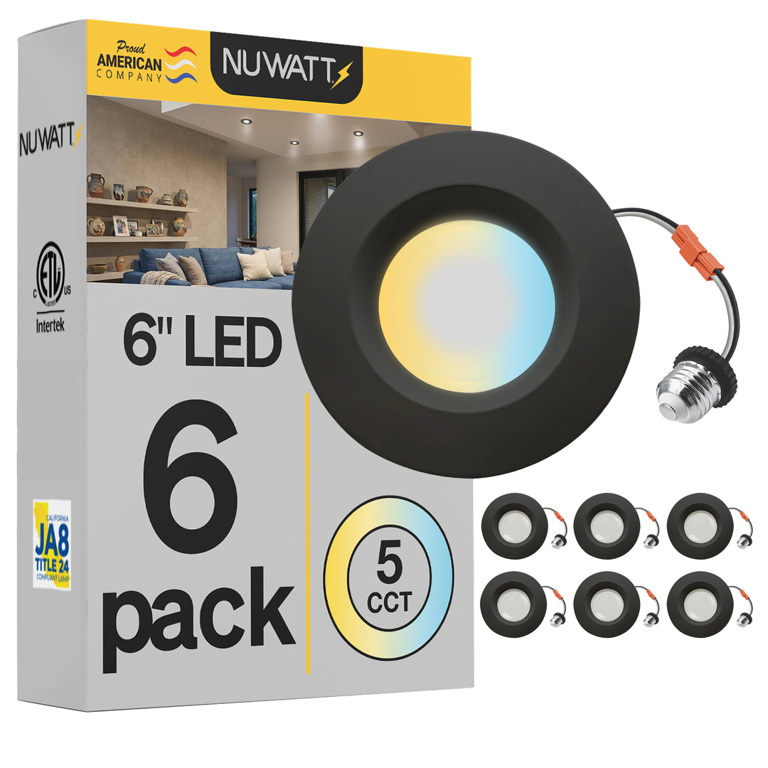 5/6" Inch Black Retrofit LED Recessed Can Lights - Wet Rated - 5CCT 2700K-5000K - 1300LM
