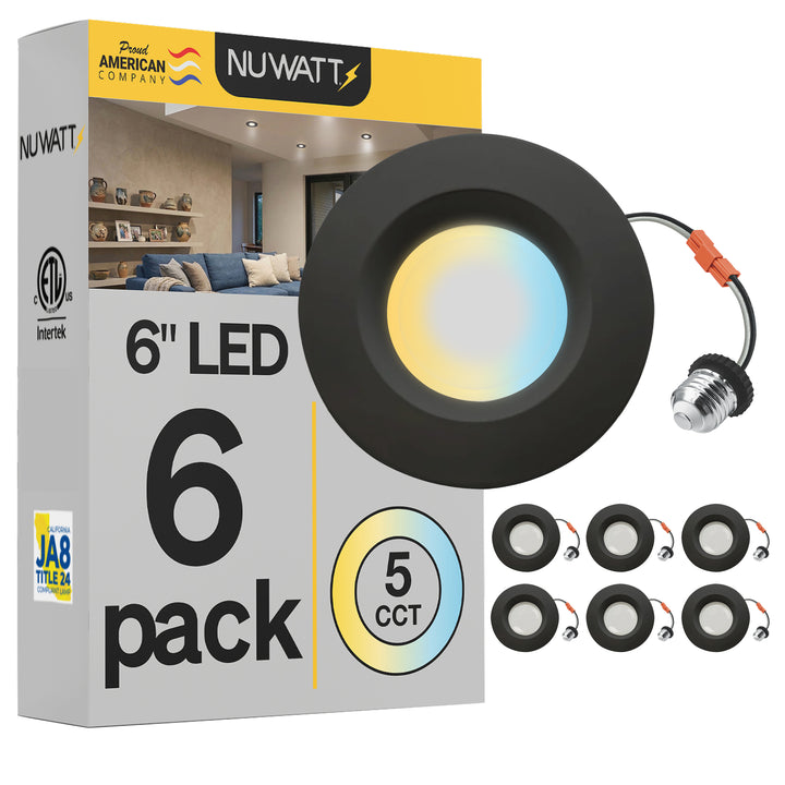 5/6" Inch Black Retrofit LED Recessed Can Lights - Wet Rated - 5CCT 2700K-5000K - 1300LM