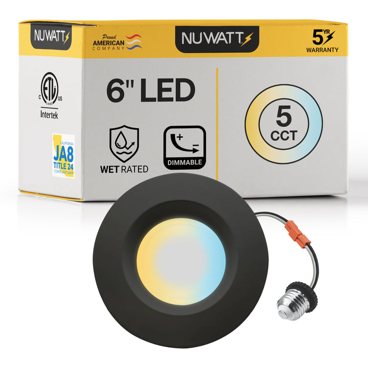 5/6" Inch Black Retrofit LED Recessed Can Lights - Wet Rated - 5CCT 2700K-5000K - 1300LM