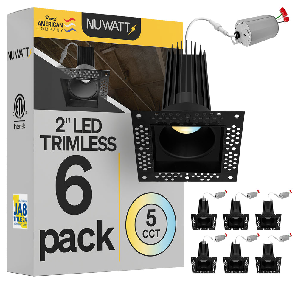 2 Inch Black Square Trimless Recessed Lighting - 15W - 1,000 Lumens - 120V
