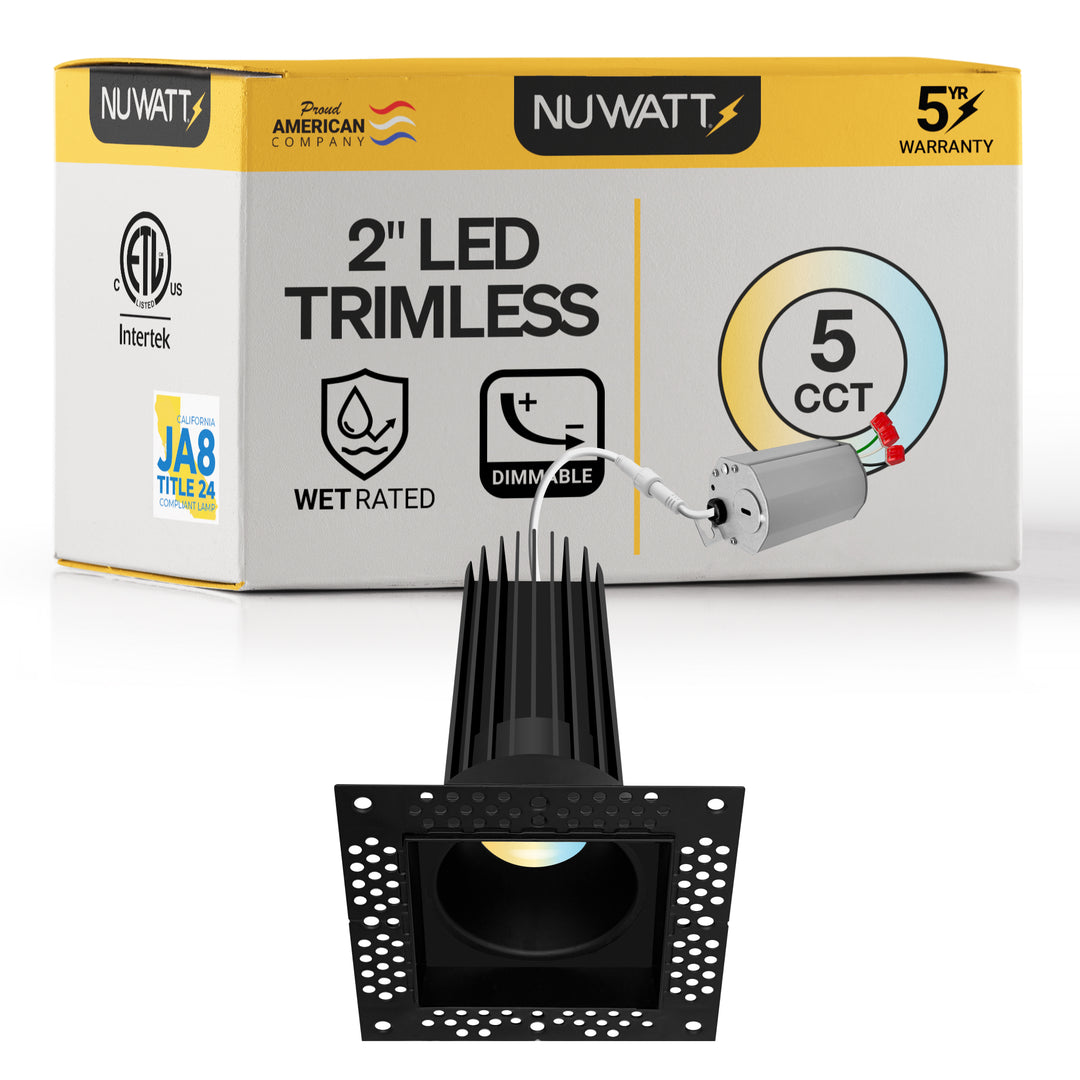 2 Inch Black Square Trimless Recessed Lighting - 15W - 1,000 Lumens - 120V
