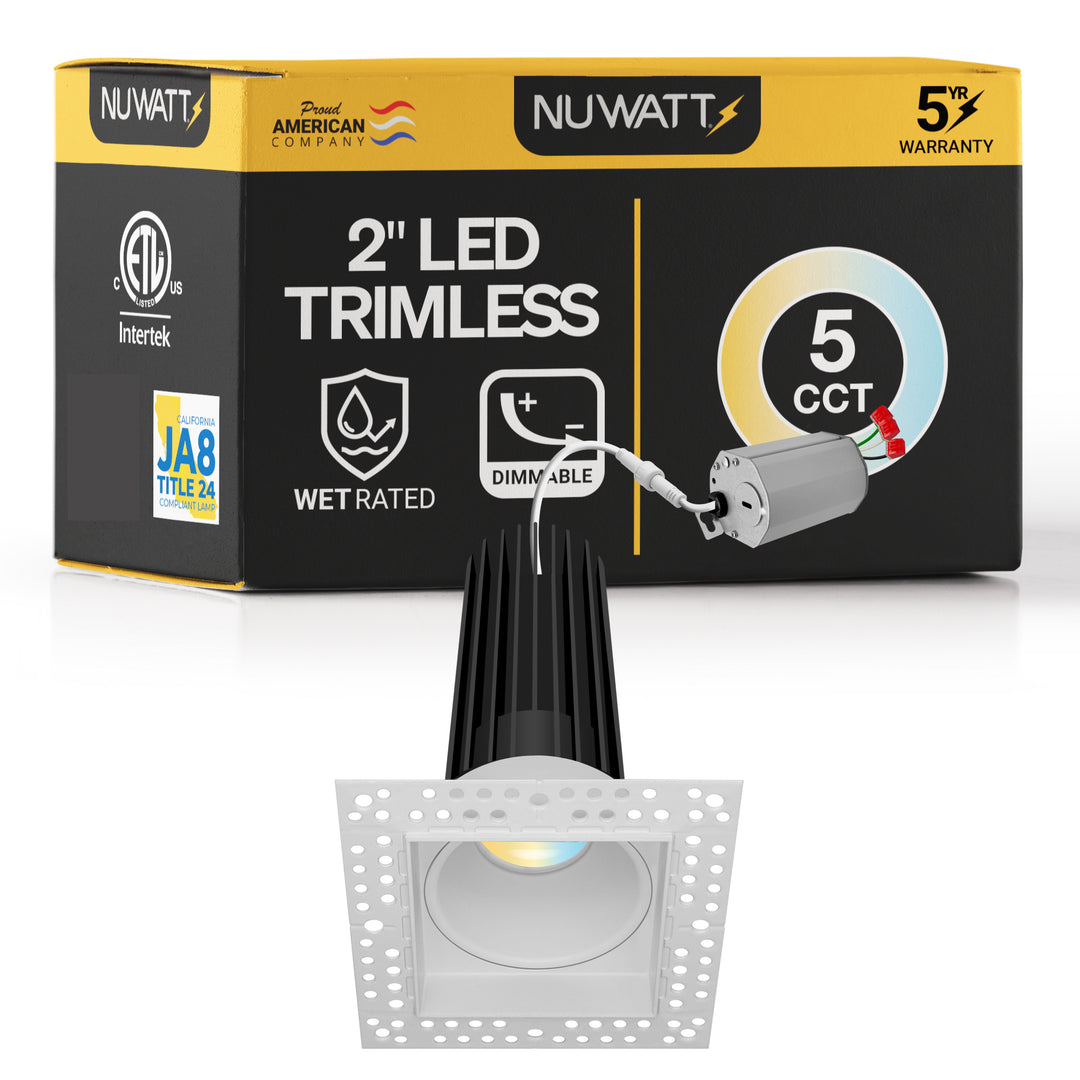 2 Inch White Square Trimless Recessed Lighting - 15W - 1,000 Lumens - 120V
