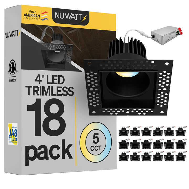 4 Inch Black Square Trimless Recessed Lighting - 15W - 1,000 Lumens - 120V