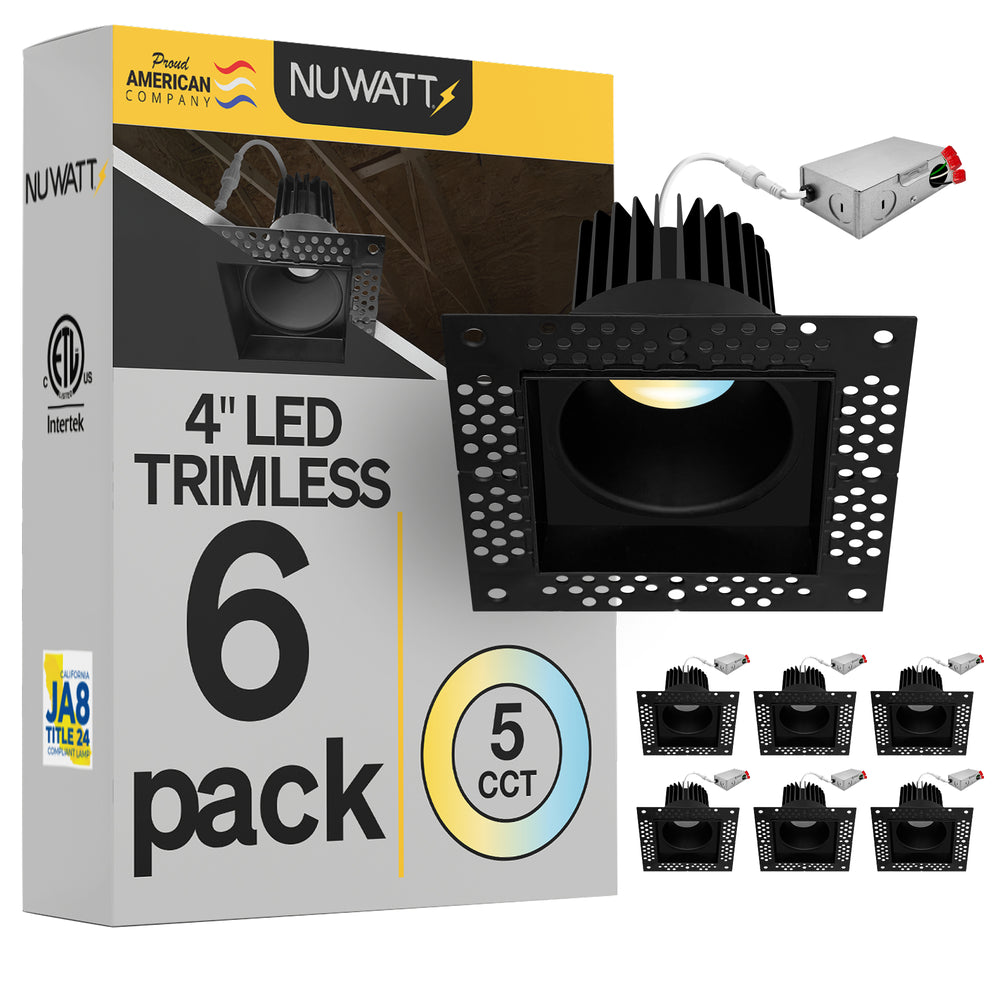 4 Inch Black Square Trimless Recessed Lighting - 15W - 1,000 Lumens - 120V