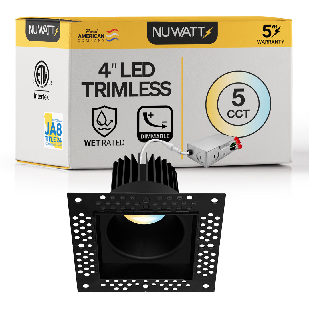 4 Inch Black Square Trimless Recessed Lighting - 15W - 1,000 Lumens - 120V