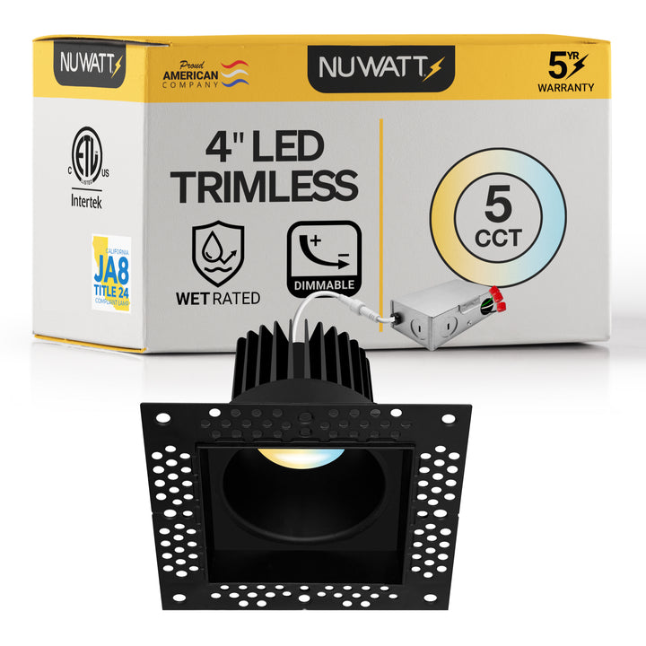 4 Inch Black Square Trimless Recessed Lighting - 15W - 1,000 Lumens - 120V