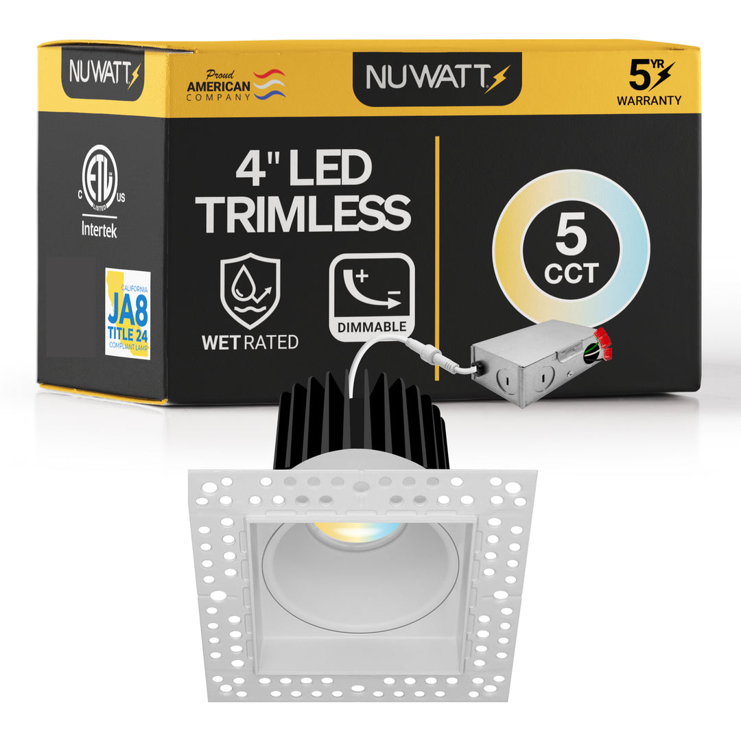 4 Inch White Square Trimless Recessed Lighting - 15W - 1,000 Lumens - 120V