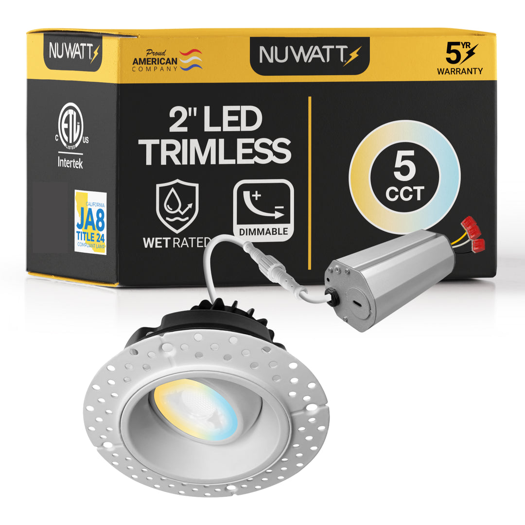 2 Inch White Gimbal Trimless Recessed Lighting - 8W - 600 Lumens - 120V